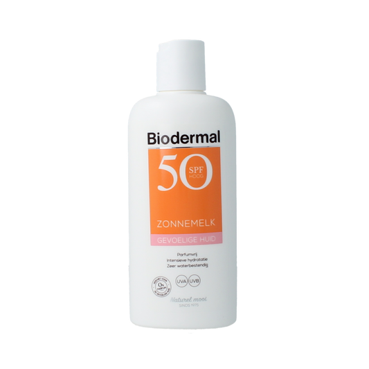 Biodermal Zonnemelk SPF50+ sun lotion for sensitive skin, 200ml bottle, ideal for protecting delicate skin from sun damage.