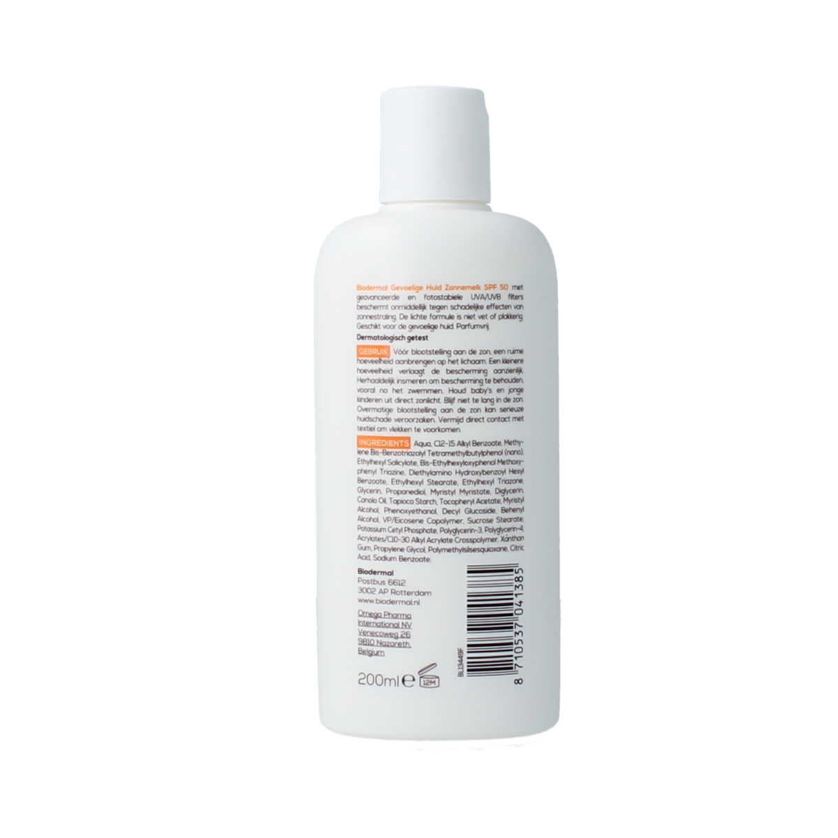 Biodermal Zonnemelk SPF50+ for sensitive skin, 200ml sunscreen lotion with broad-spectrum sun protection.