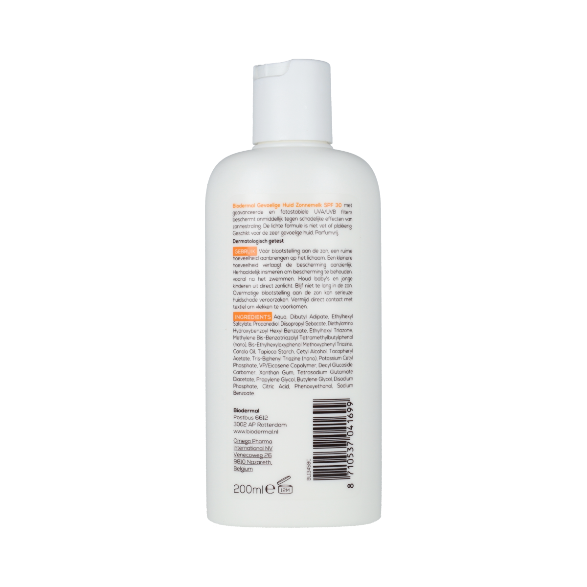 Biodermal Zonnemelk SPF30 for sensitive skin, 200ml bottle, showing the sunscreen lotion with a pump dispenser.