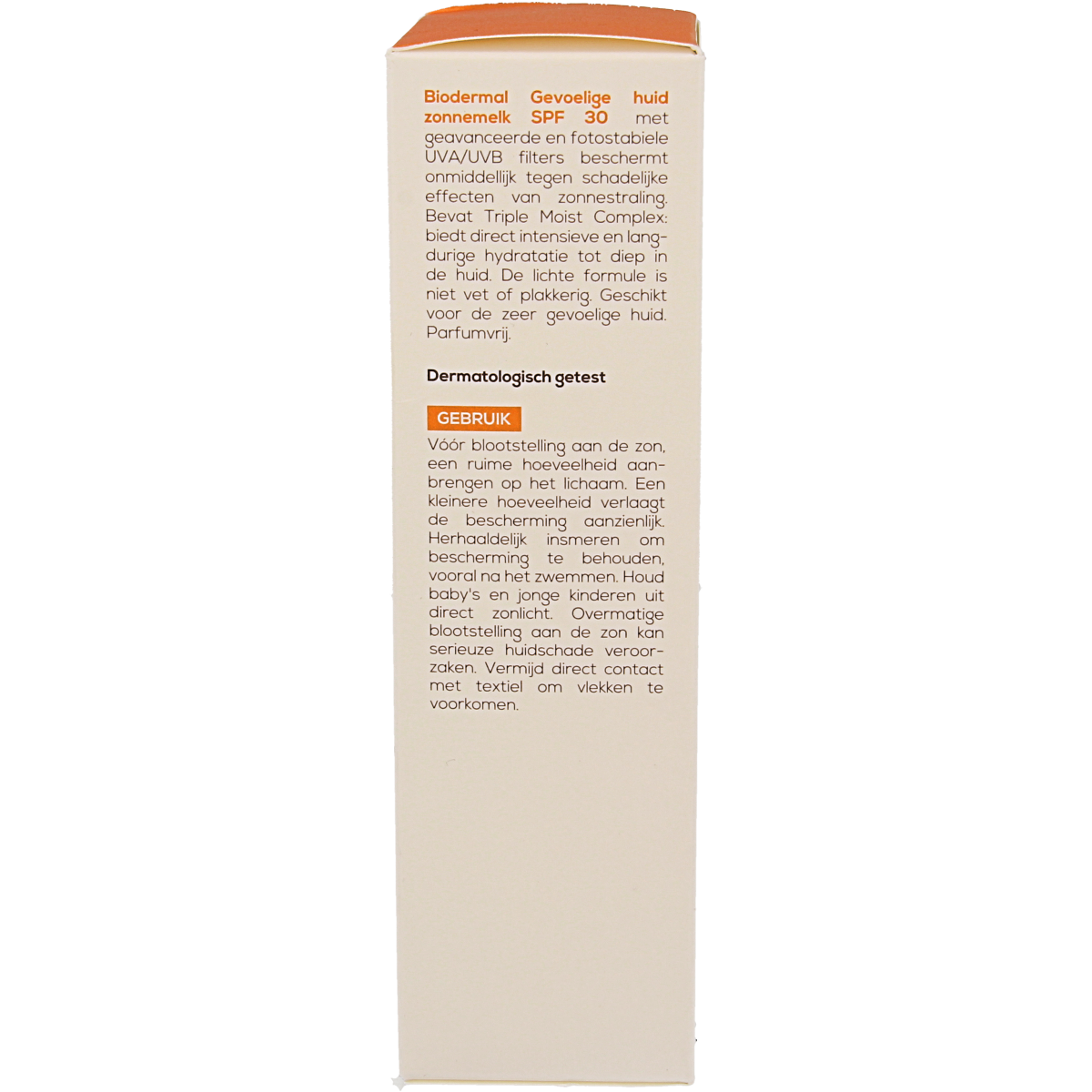 Biodermal Zonnemelk SPF30 for sensitive skin, 200ml bottle, shows the sunscreen lotion with a smooth texture and sunscreen label.