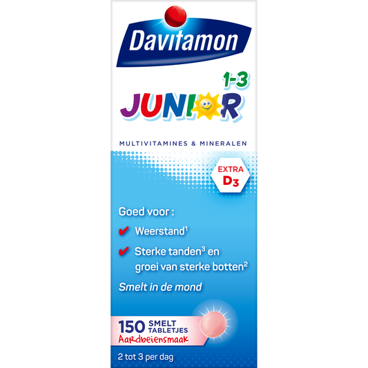Davitamon Junior strawberry-flavored multivitamin meltable tablets for children, 150 tablets in the bottle.