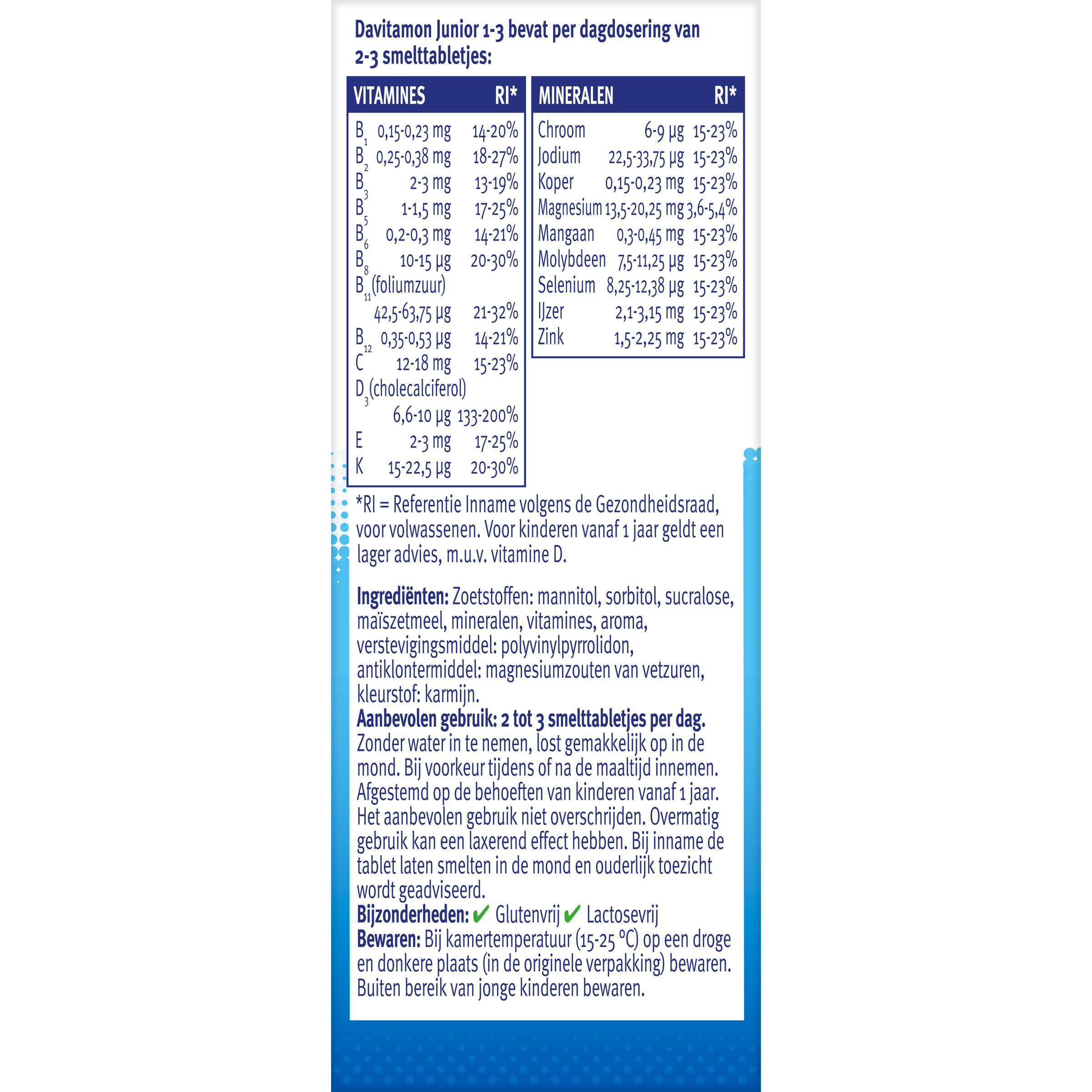 Davitamon Junior 1-3 strawberry-flavored multivitamin meltable tablets for children, displayed in a bottle.