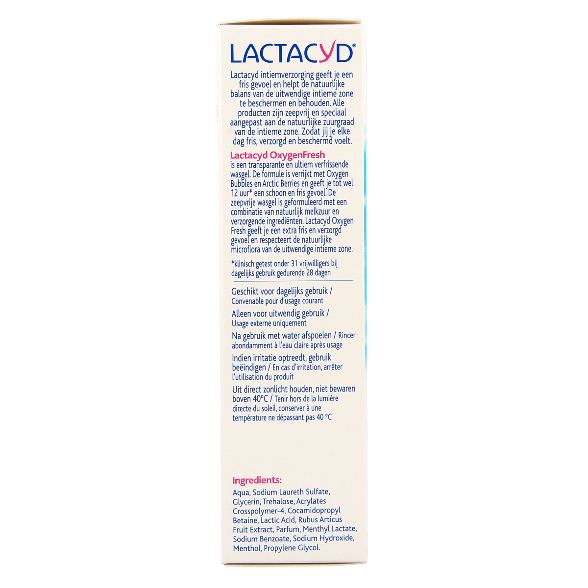Lactacyd Oxygen Fresh intimate wash bottle for women, 200ml, with clean, refreshing design and product label visible.