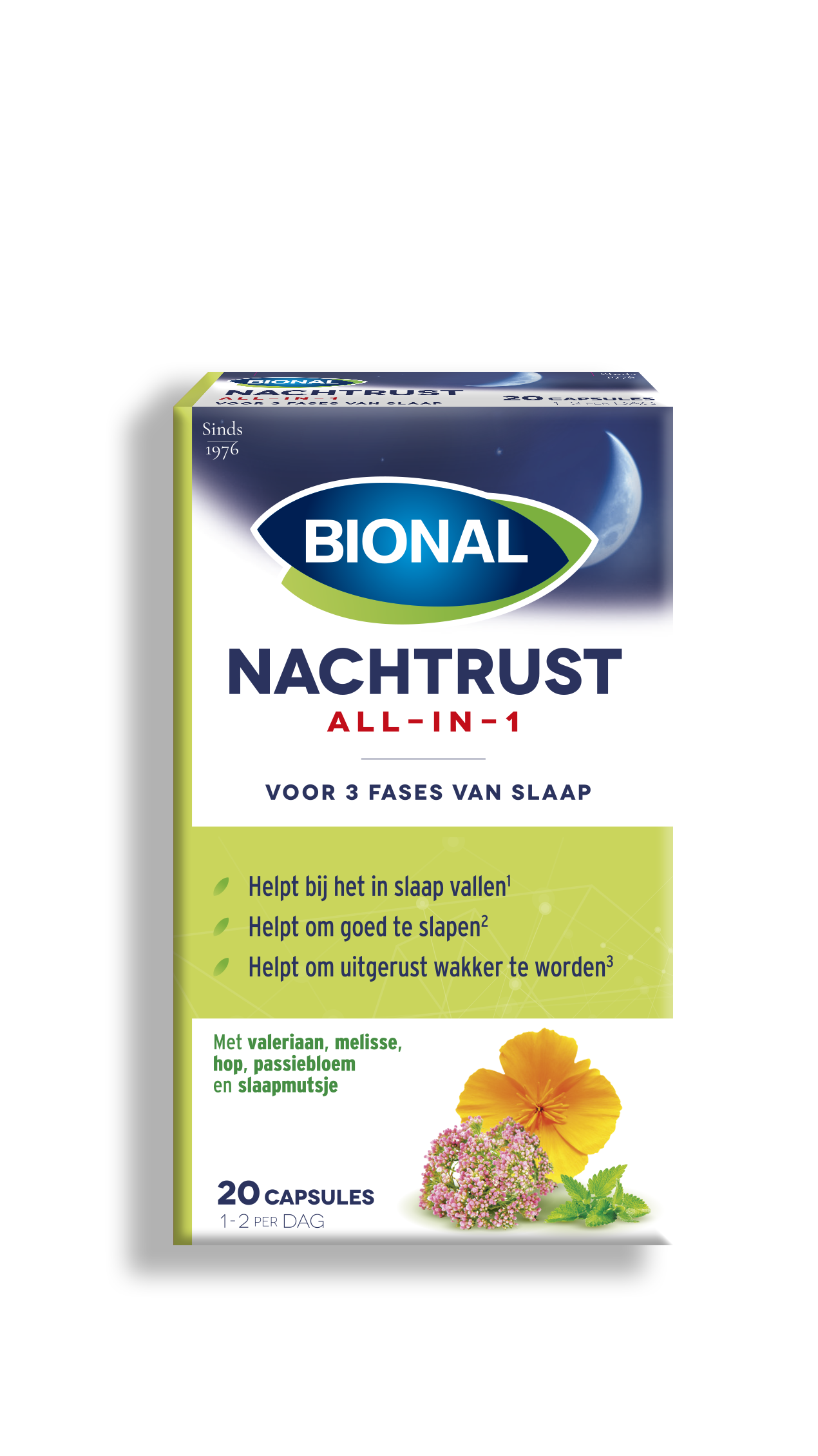 Bional Nachtrust all-in-1 herbal supplement capsules in a white bottle with green label, 20 capsules shown.