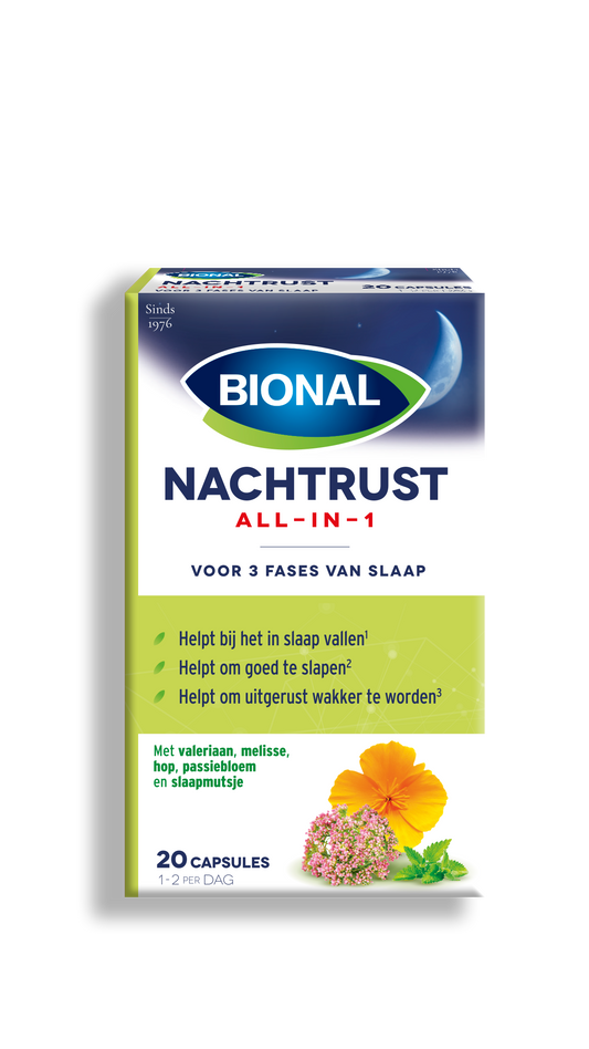 Bional Nachtrust all-in-1 herbal supplement capsules in a white bottle with green label, 20 capsules shown.