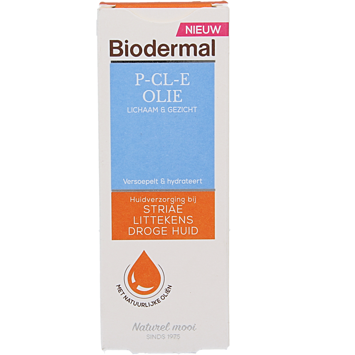 Biodermal P-CL-E body oil bottle, 75ml, for skin nourishment and hydration in body skincare routine