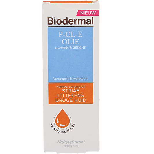 Biodermal P-CL-E body oil bottle, 75ml, for skin nourishment and hydration in body skincare routine
