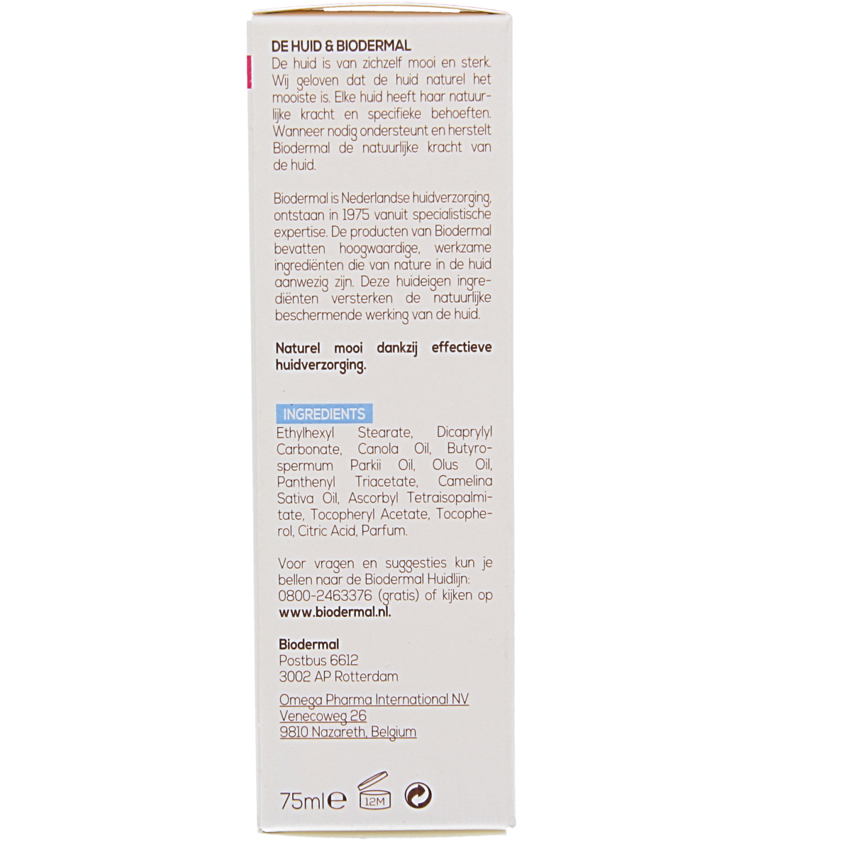 Biodermal P-CL-E body oil bottle, 75ml, for skincare and nourishment, featuring a clear container with a pump dispenser.