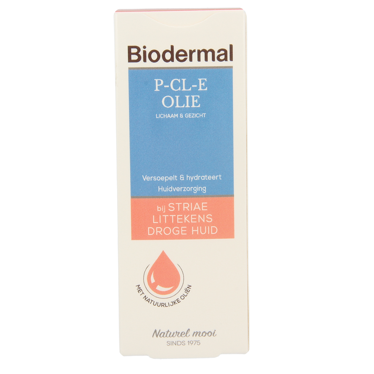Biodermal P-CL-E olie 75ml for body care, featuring a clear bottle with a pump dispenser and light-colored label.