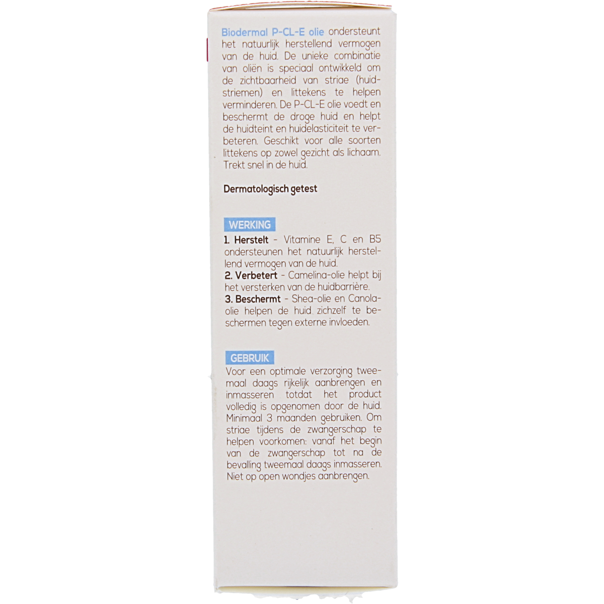 Biodermal P-CL-E body oil bottle, 75ml, for skin nourishment and hydration, in a clear plastic container with a white cap.