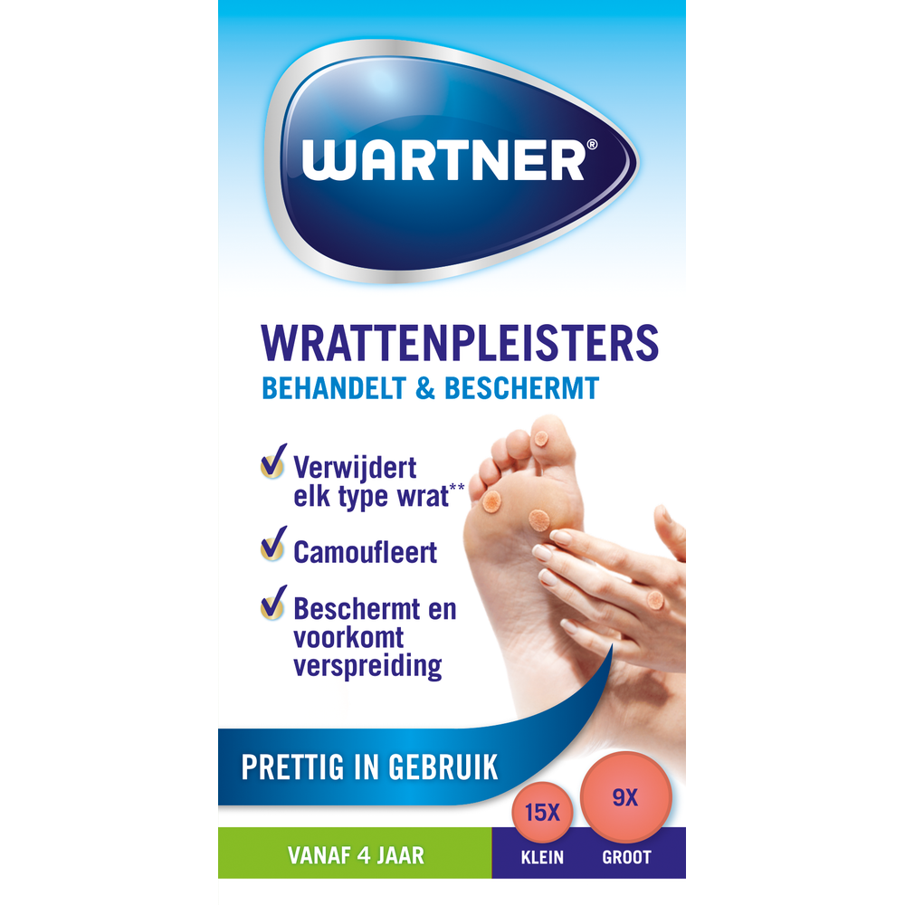 Wartner Wrattenpleister for wart removal, 24-pack, body care product, showing adhesive wart removal patches on skin.