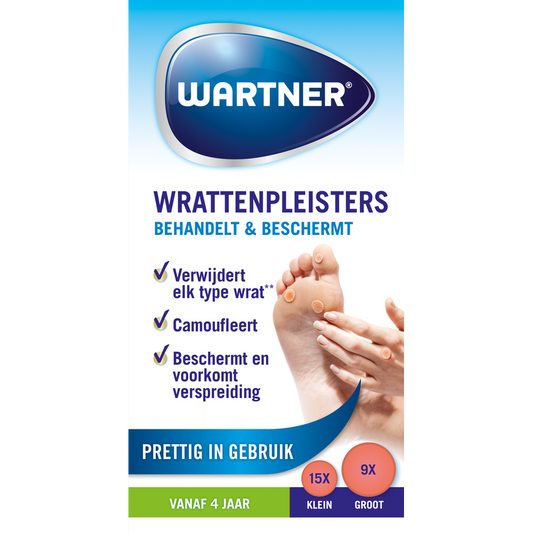 Wartner Wrattenpleister for wart removal, 24-pack, body care product, showing adhesive wart removal patches on skin.