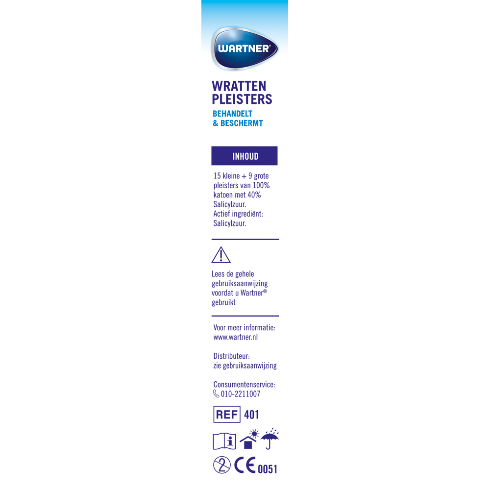 Wartner Wrattenpleister packaging with 24 wart removal plasters, for skin care and body treatment.