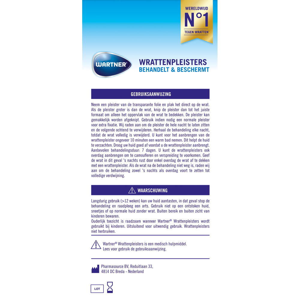 Wartner Wrattenpleister for treating warts, shown in a box with 24 plaster strips for skin care and wart removal.