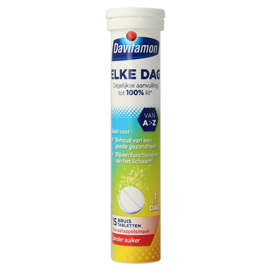 Davitamon Elke dag bruis multi-vitamine tabletten in a blister pack, dietary supplement for daily health support.