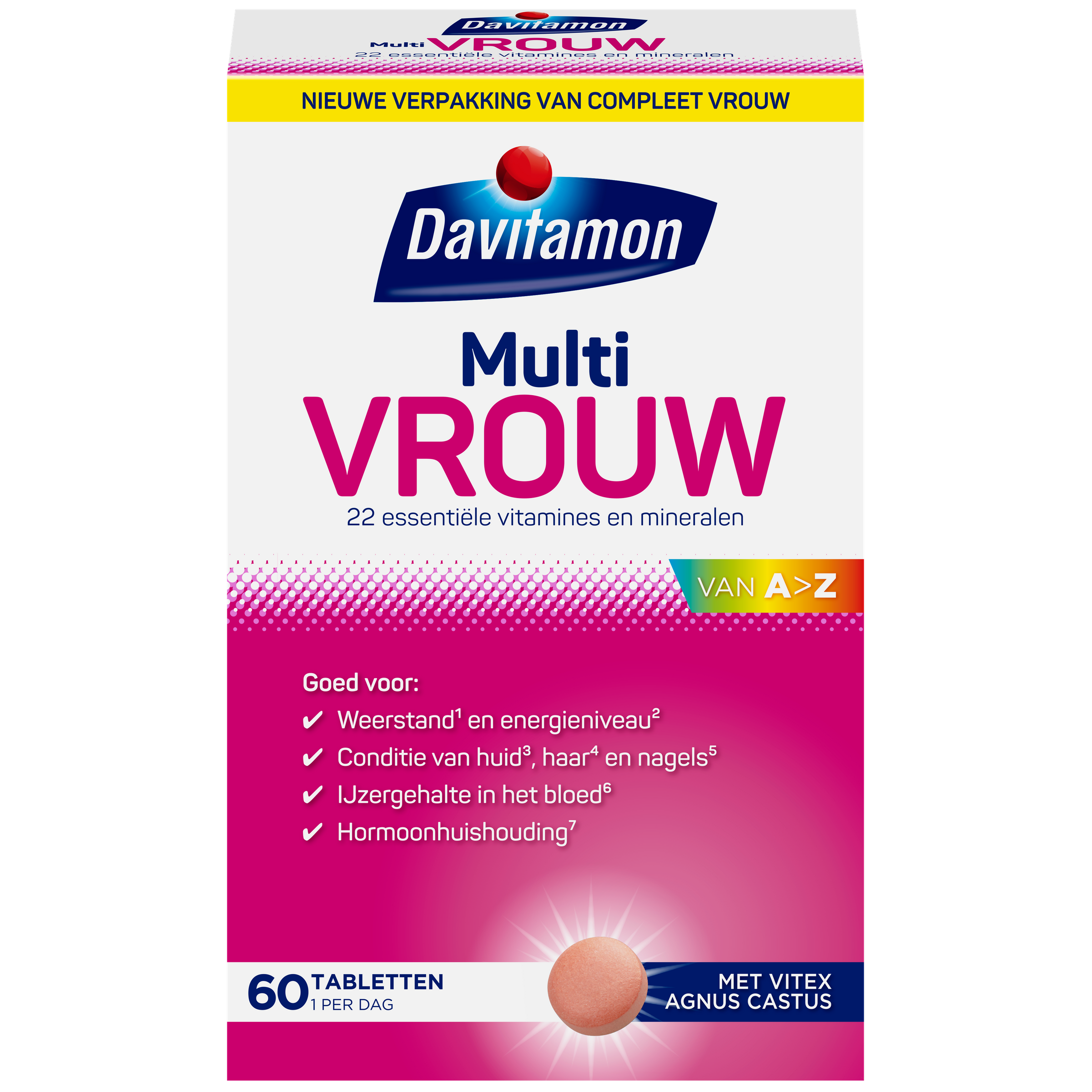 Davitamon Multi vrouw vitamin tablets in a bottle, dietary supplement for women's health, 60 tablets.