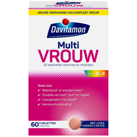 Davitamon Multi vrouw vitamin tablets in a bottle, dietary supplement for women's health, 60 tablets.