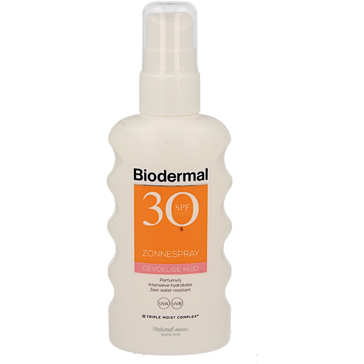 Biodermal Zonnespray SP30 for sensitive skin in 175ml spray bottle, protects skin from sun with broad-spectrum SPF.