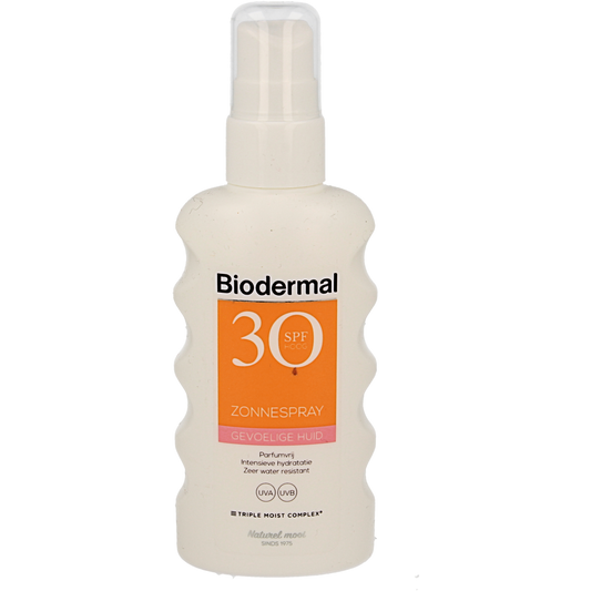 Biodermal Zonnespray SP30 for sensitive skin in 175ml spray bottle, protects skin from sun with broad-spectrum SPF.