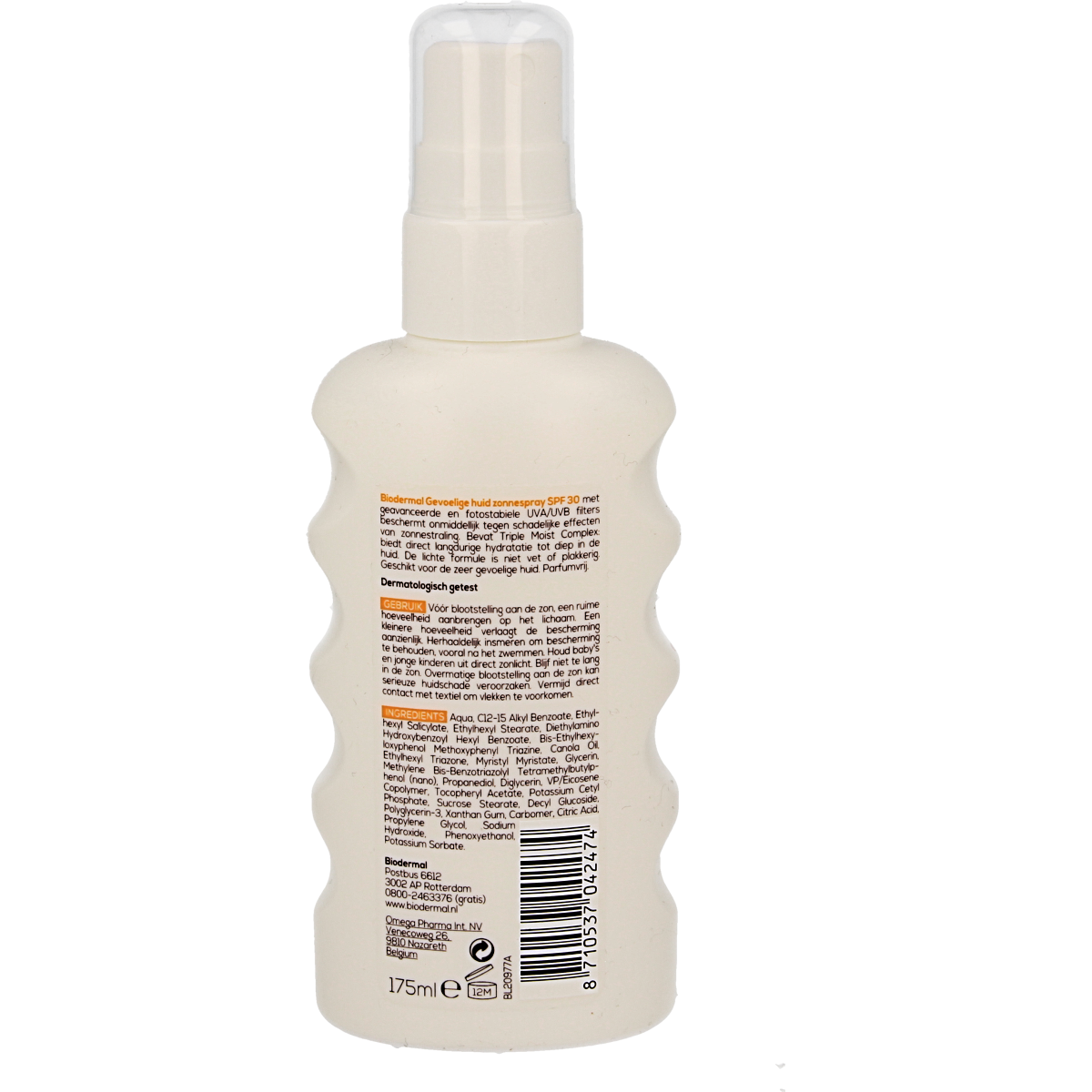 Biodermal Zonnespray SP30 for sensitive skin in 175ml spray bottle, sun protection product for delicate skin.