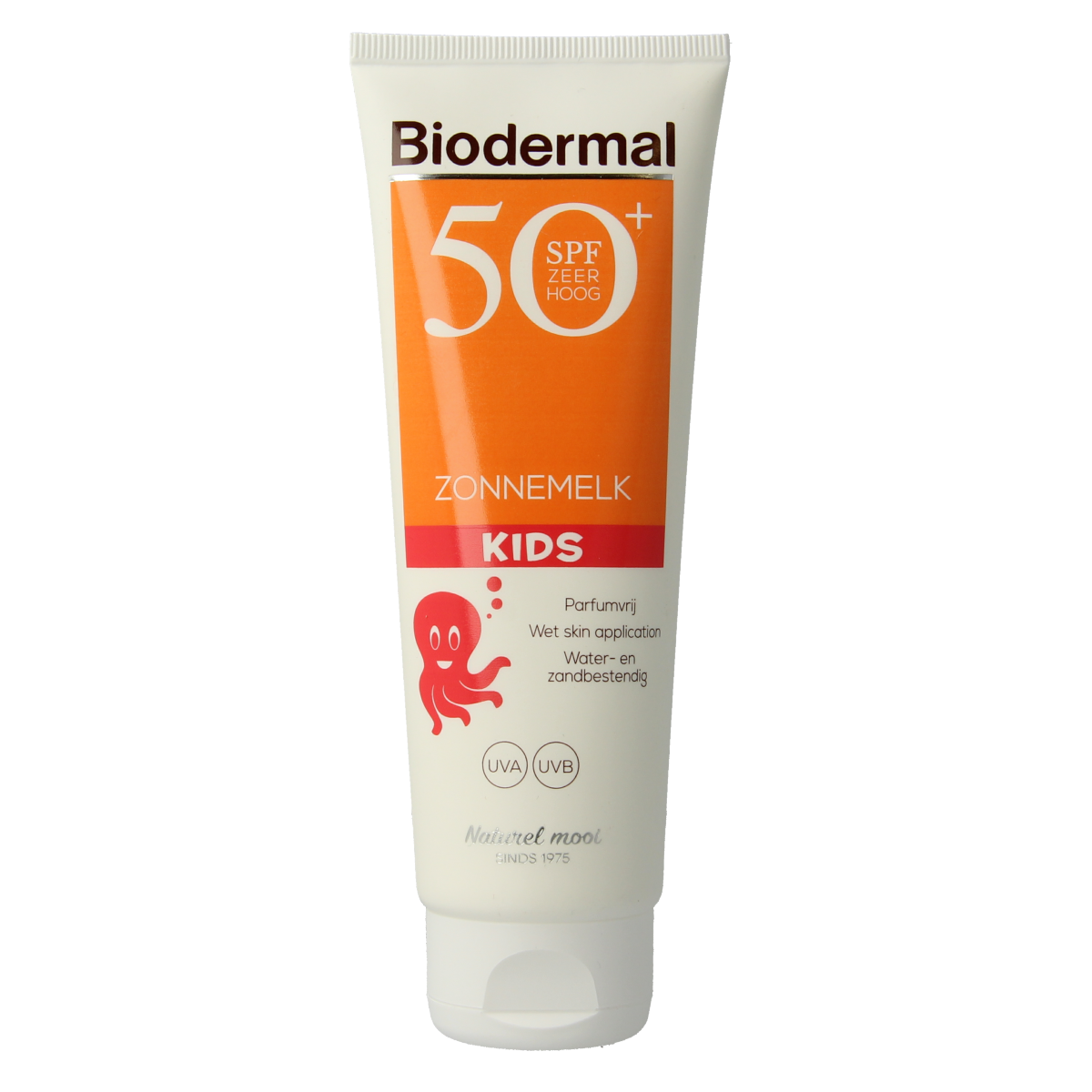 Biodermal Zonnemelk kids SPF50+ sun lotion bottle with 125ml, featuring a child-friendly design and SPF protection.
