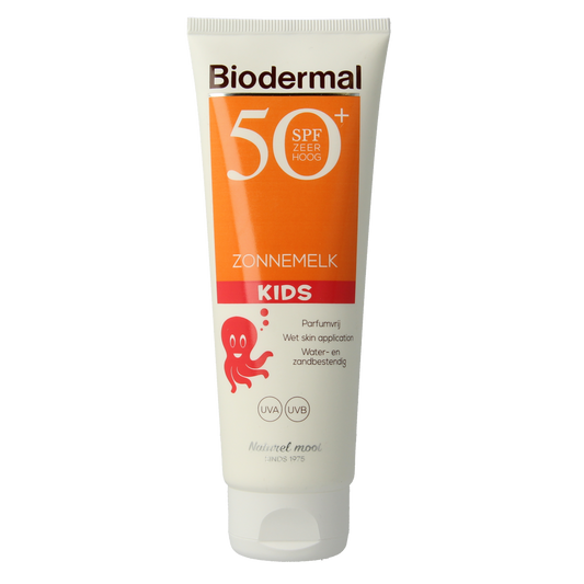 Biodermal Zonnemelk kids SPF50+ sun lotion bottle with 125ml, featuring a child-friendly design and SPF protection.