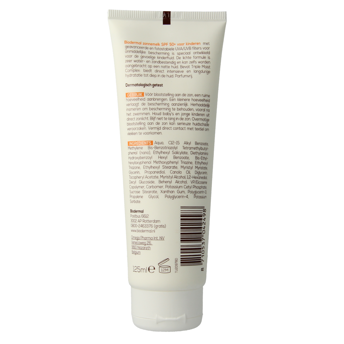 Biodermal Zonnemelk kids SPF50+ sun lotion bottle, 125ml, with a child-friendly design and sun protection features.