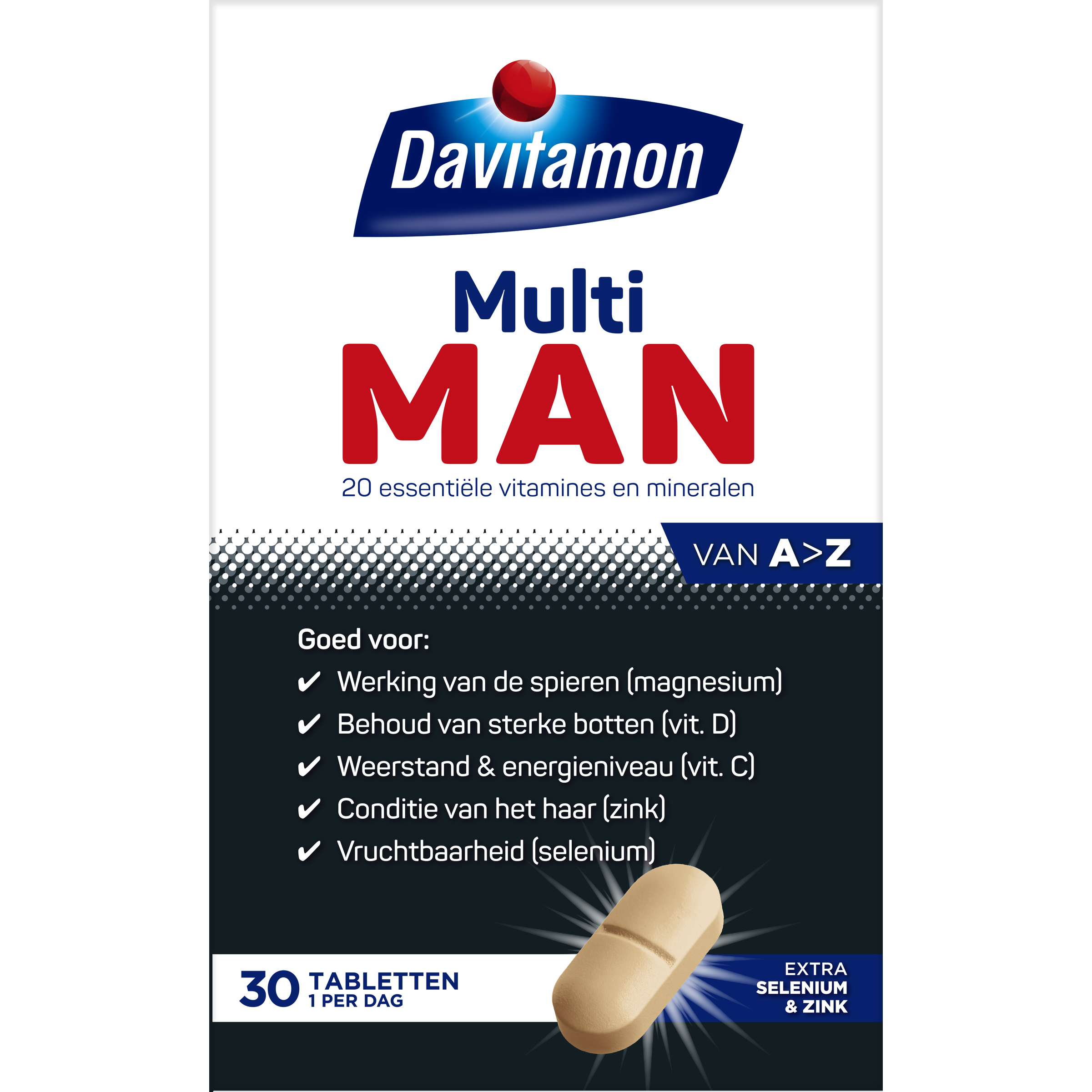 Davitamon Multi Man multivitamin tablets in a blister pack, designed for men's daily nutritional support.