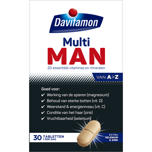 Davitamon Multi Man multivitamin tablets in a blister pack, designed for men's daily nutritional support.