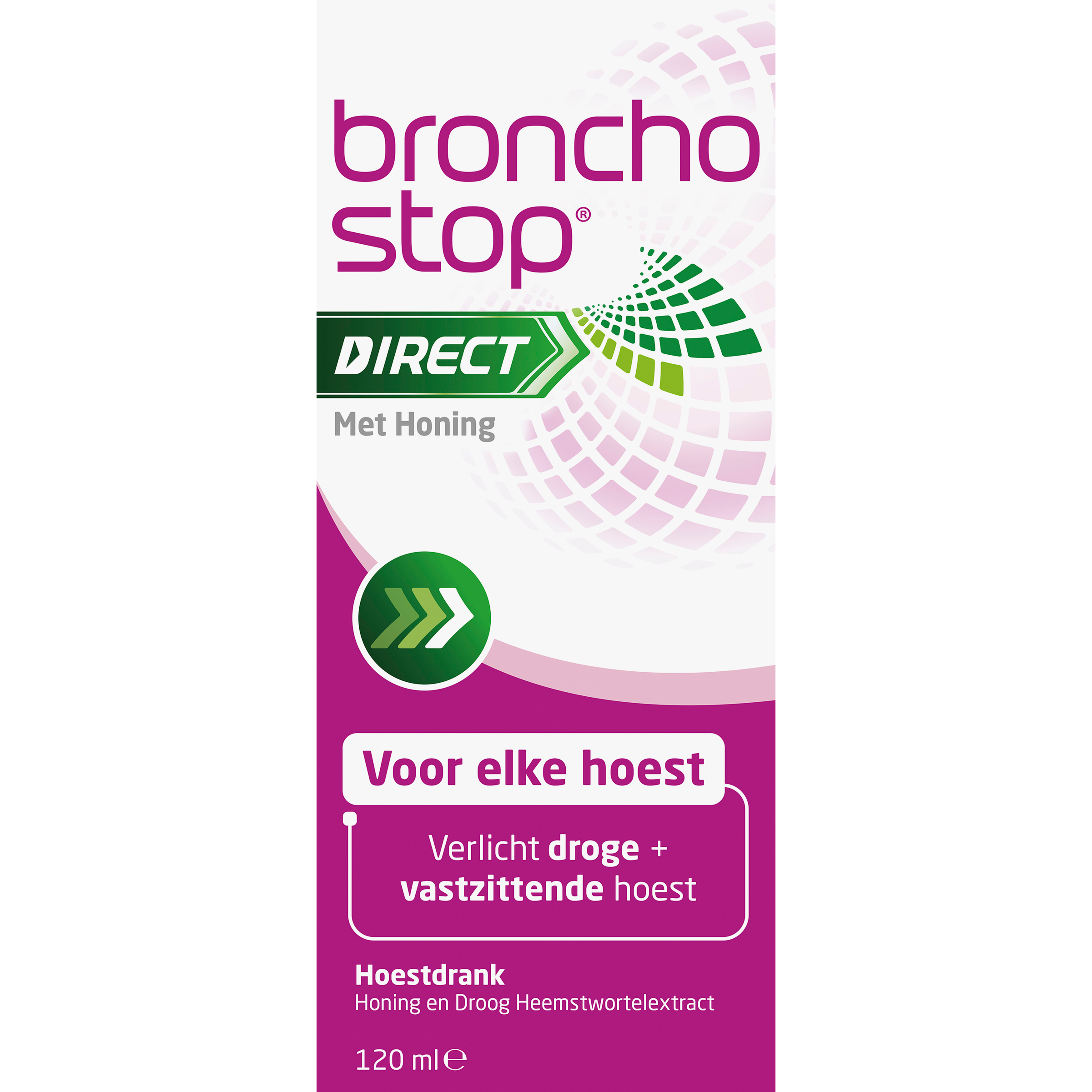 Bronchostop Hoestdrank met honing in 120ml bottle, natural cough syrup for soothing throat relief.