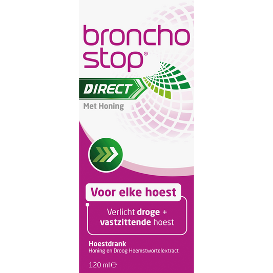Bronchostop Hoestdrank met honing in 120ml bottle, natural cough syrup for soothing throat relief.
