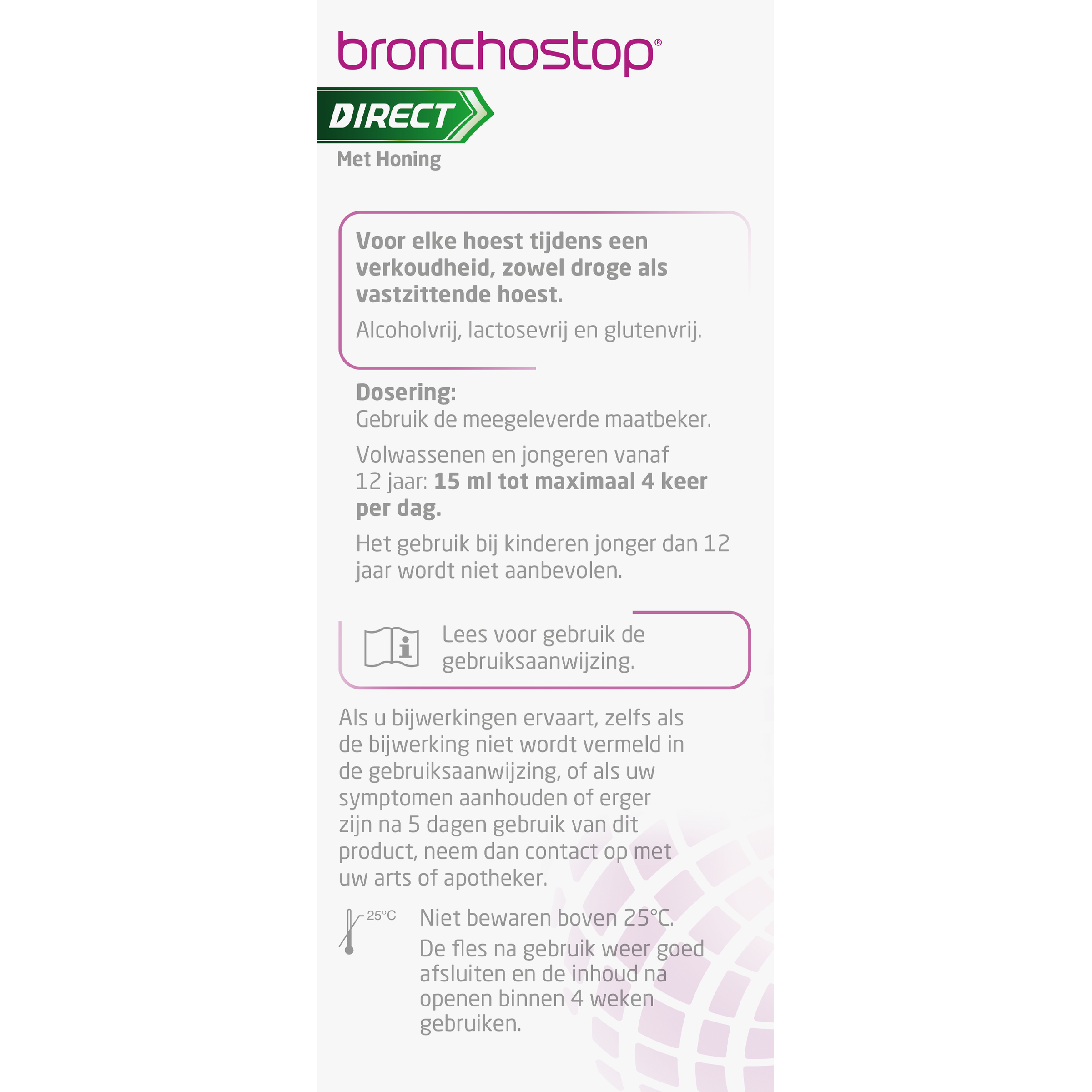 Bronchostop Hoestdrank met honing in 120ml bottle, herbal cough syrup for soothing relief, natural honey flavor.