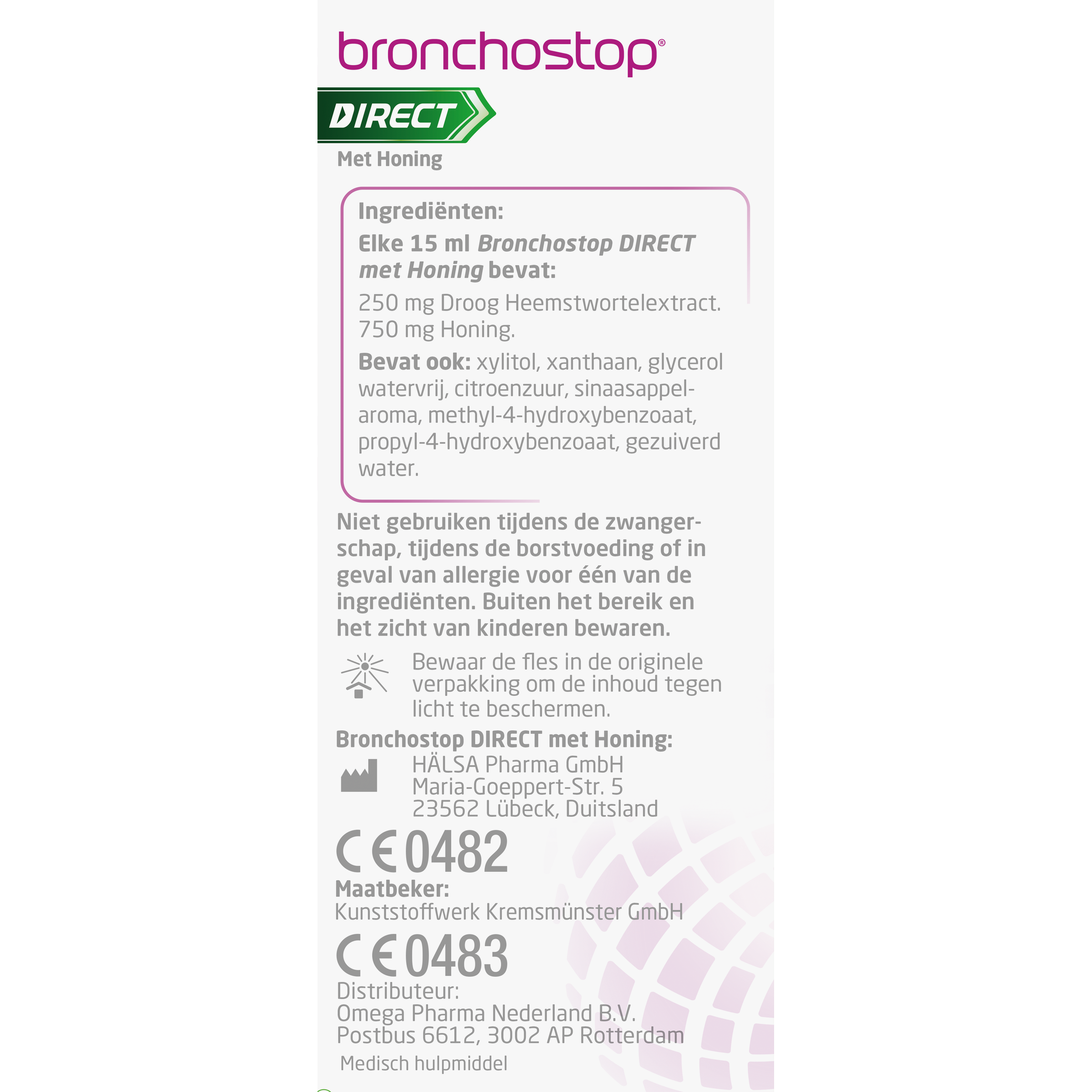 Bronchostop Hoestdrank with honey in a 120ml bottle, designed to soothe coughs and throat irritation.