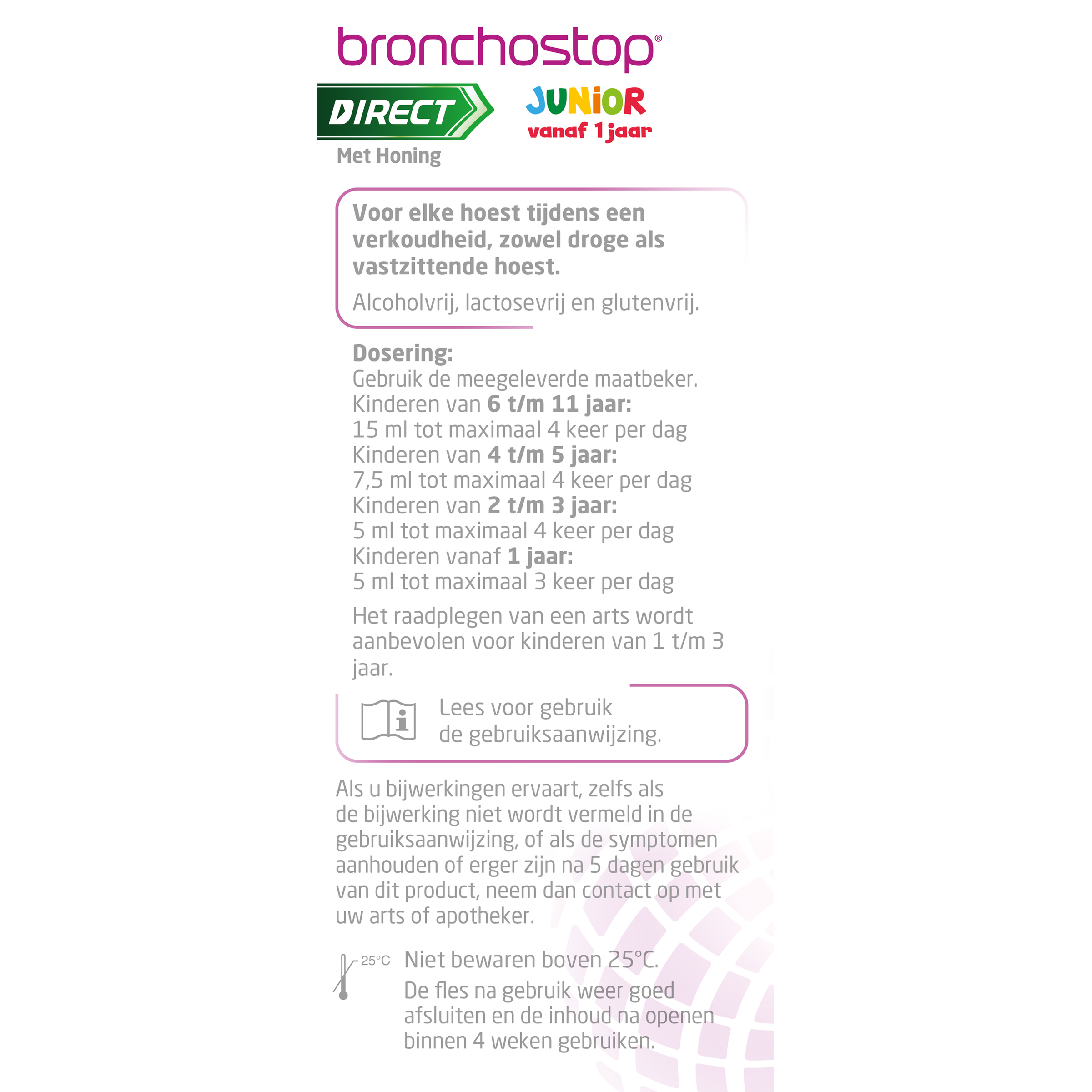 Bronchostop Direct honing junior cough syrup bottle with 120ml, suitable for children, shown in the image.