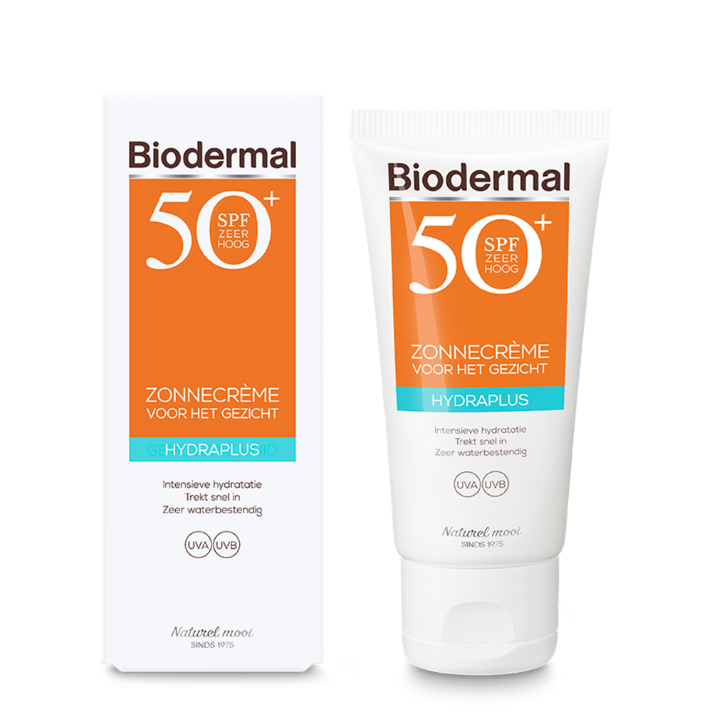 Biodermal Hydraplus SPF50 face sunscreen cream in a 50ml tube, designed for sun protection and skincare.