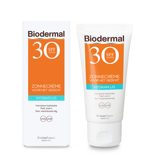 Biodermal Zonnecreme gezicht Hydraplus SPF30 in 50ml tube, sun protection cream for facial skin with SPF 30.