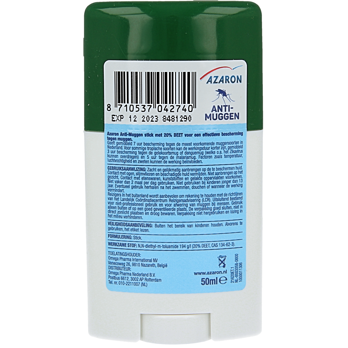 Azaron Anti-muggen 20% DEET stick for bites and insects, 50ml, portable insect repellent stick with active DEET formula.