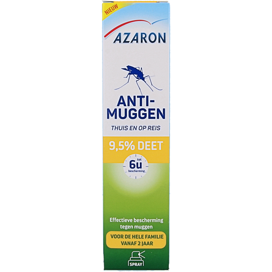 Azaron Anti-muggen spray with 9.5% DEET, 100ml, for insect bites and mosquito protection, shown in the image.