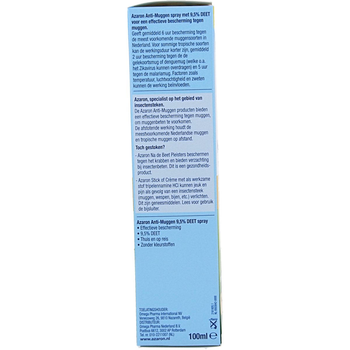 Azaron Anti-muggen spray with 9.5% DEET, 100ml, for insect bites and mosquito protection, shown in the image.