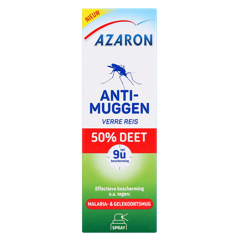 Azaron Anti-muggen spray for steken en beten, 50 ml, with 50% DEET, shown in a spray bottle on a white background.