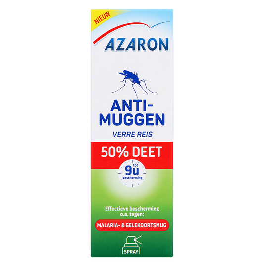 Azaron Anti-muggen spray for steken en beten, 50 ml, with 50% DEET, shown in a spray bottle on a white background.