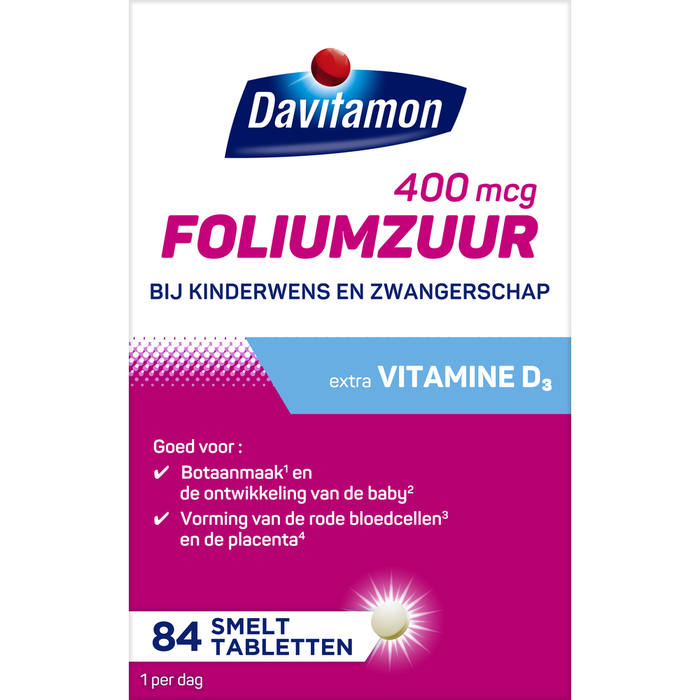 Davitamon Foliumzuur vitamine D tablets for adults, showing a close-up of the bottle and tablets on a white background.