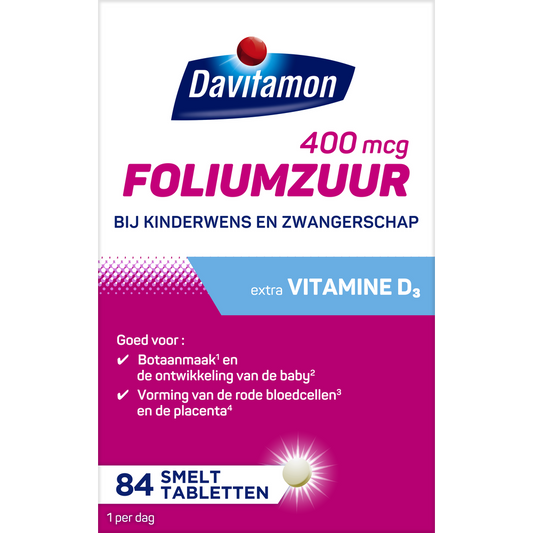 Davitamon Foliumzuur vitamine D tablets for adults, showing a close-up of the bottle and tablets on a white background.