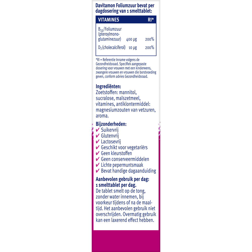 Davitamon Foliumzuur vitamine D tablets for daily supplement, showing a bottle of 84 tablets with label details.