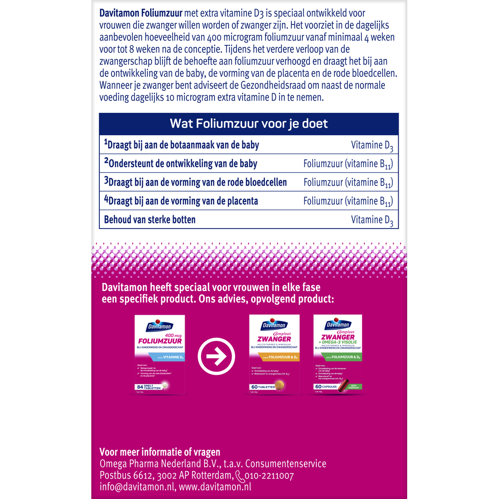 Davitamon Foliumzuur vitamine D supplement box with 84 tablets, designed for simple vitamin support and health.