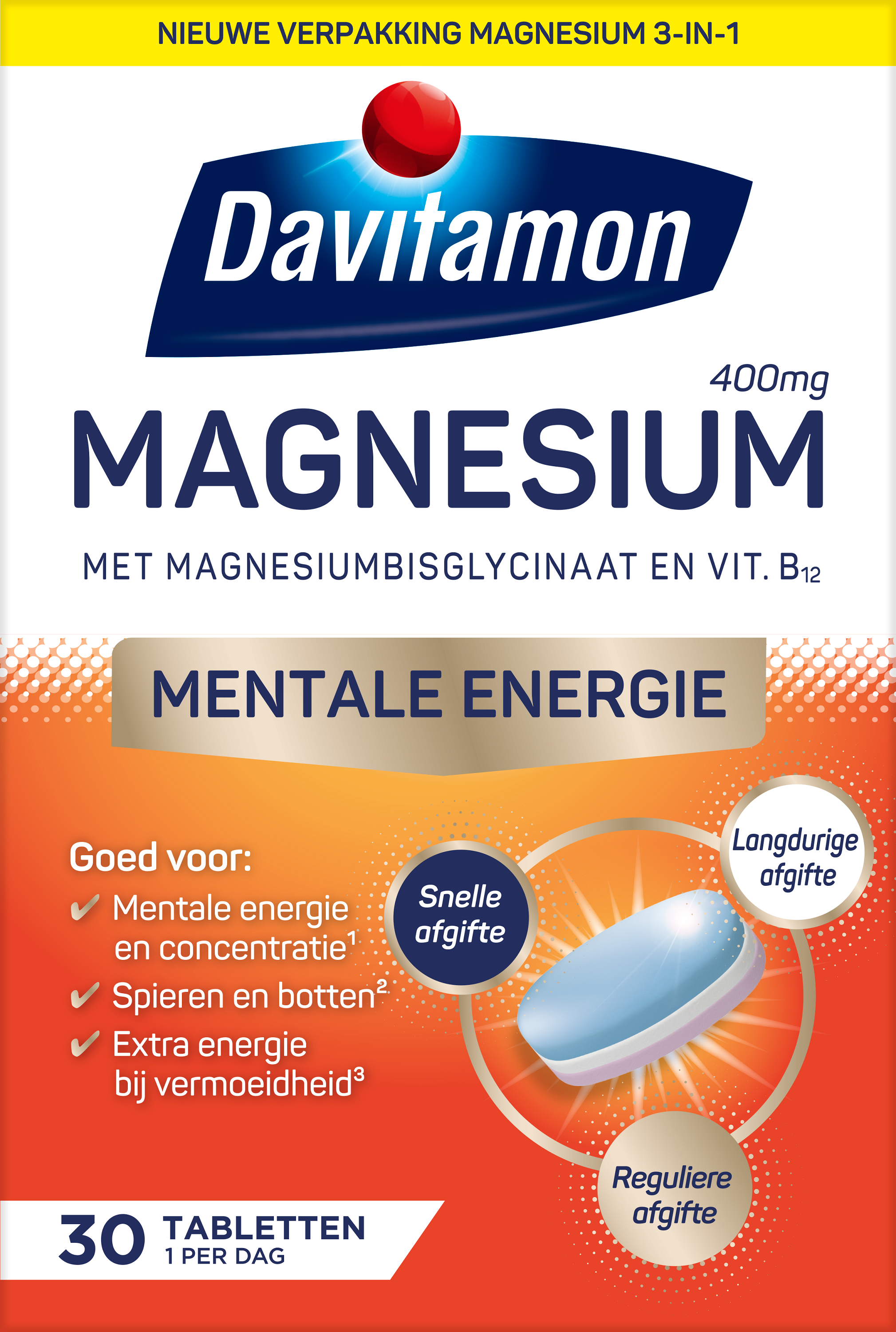 Davitamon Magnesium mentale energie mineralen tablet, 30 count, showing the supplement packaging with tablets inside.