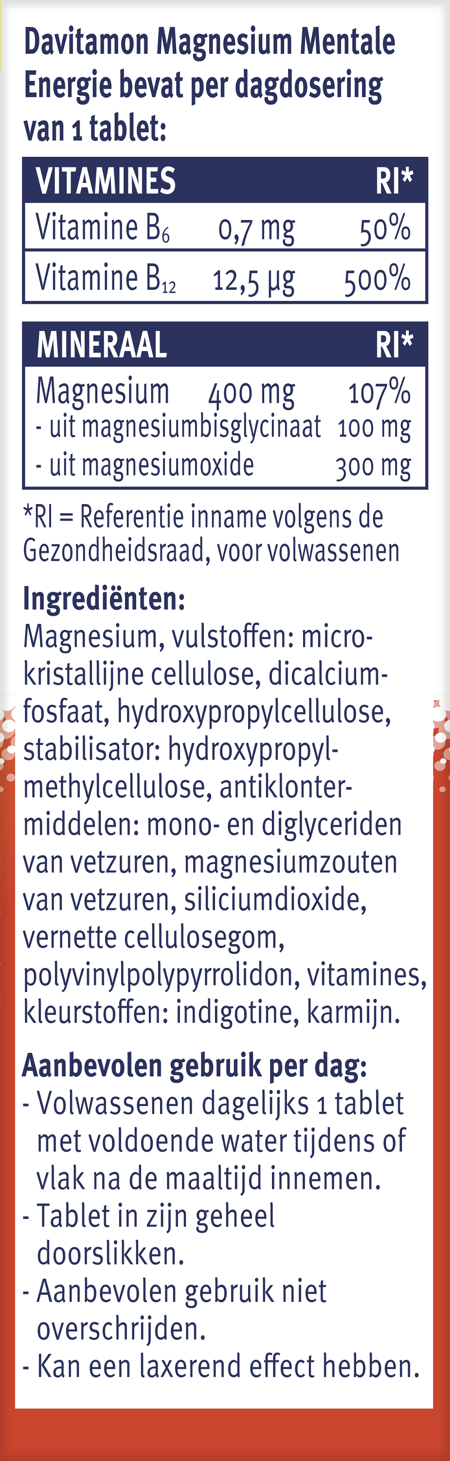 Davitamon Magnesium mentale energie mineral supplement in a bottle of 30 tablets, showing the packaging and tablets inside.