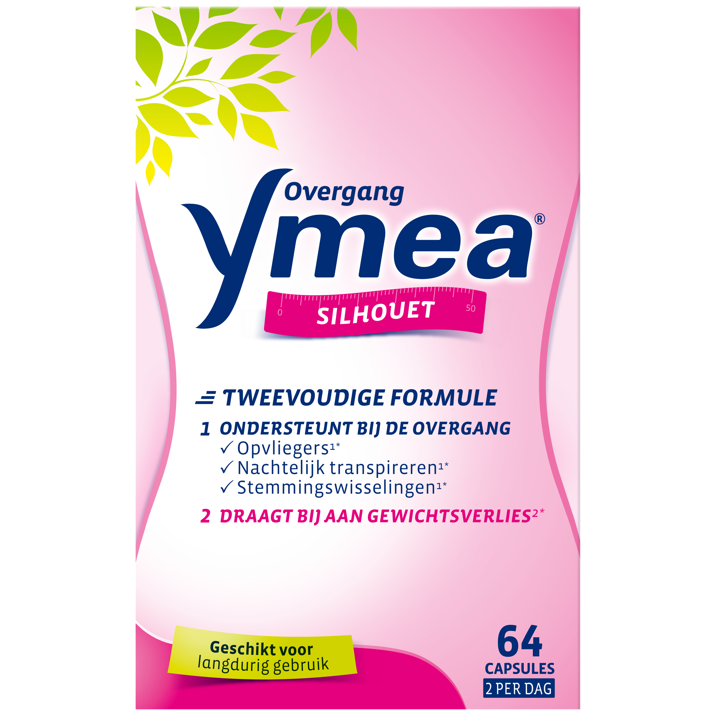 Ymea Overgang silhouet herbal supplement capsules in a bottle, designed for supporting women during menopause.
