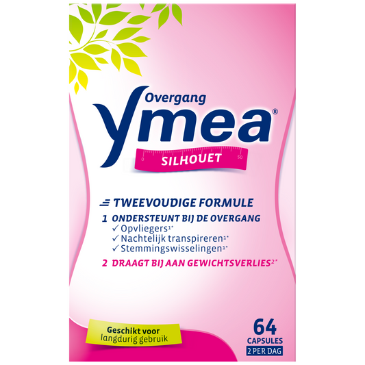Ymea Overgang silhouet herbal supplement capsules in a bottle, designed for supporting women during menopause.