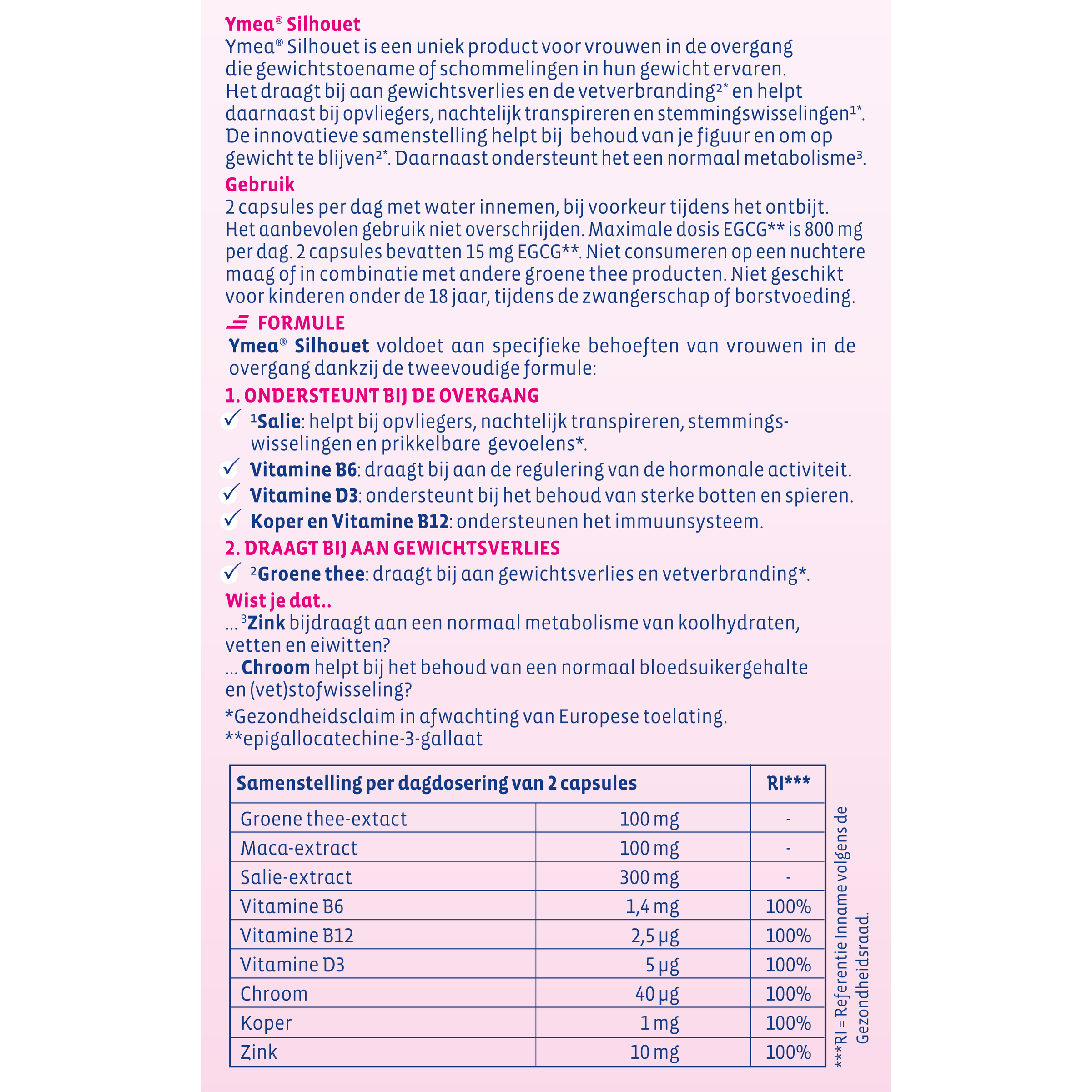 Ymea Overgang silhouet herbal supplement capsules, 64-count, natural ingredients for menopause support, shown in blister pack.
